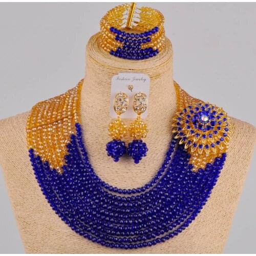 Beautiful Champagne Gold AB Royal Blue Crystal African Necklace Beads Sets Nigerian Wedding Costume Jewelry Set DSJ-05