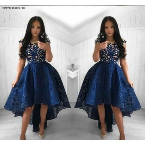Navy Blue Cocktail Dresses Dubai Style Lace High Low Club Wear Graduation Homecoming Party Gowns Plus Size Custom Made
