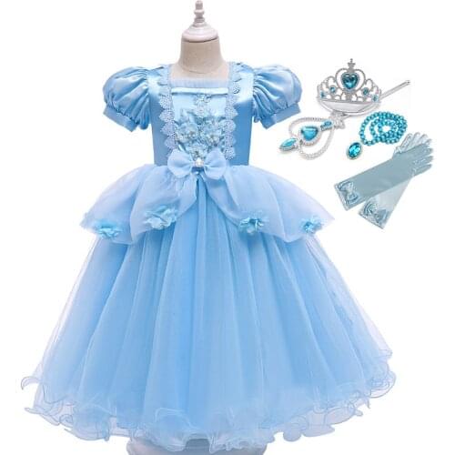 The Little Glass Slipper Cosplay Girls Dress Elegant Christmas Party Ball Gown Short Sleeve Mesh Frocks Kids Cendrillon Costume