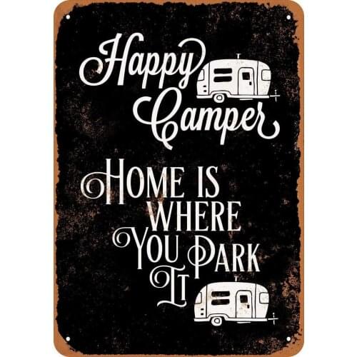 Metal Wall Sign Happy Camper Home Is Where You Park It Family Outdoor Camping Decoration Retro Square Metal Sign 8X12 Inches
