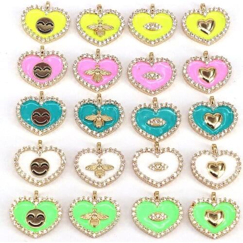 10Pcs 2021 Fashion Designer Pendants & Charms Zircon Colorful Enamel Heart Smiley Eye Insect Charm Jewelry Necklace For Women
