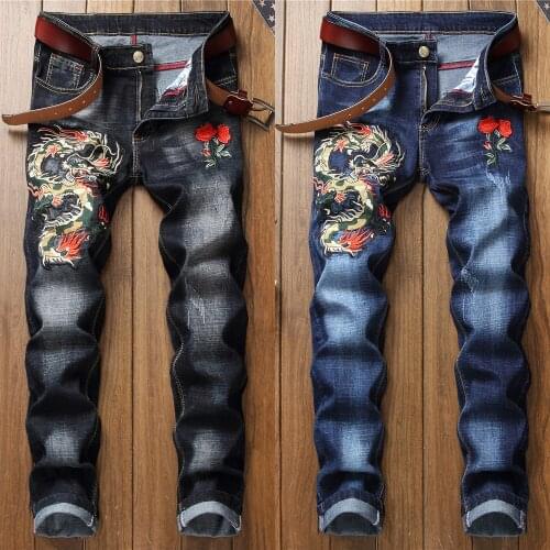 Men’s light luxury dragon embroidery denim pants slimming scratches casual jeans rose flower decors street jeans pants