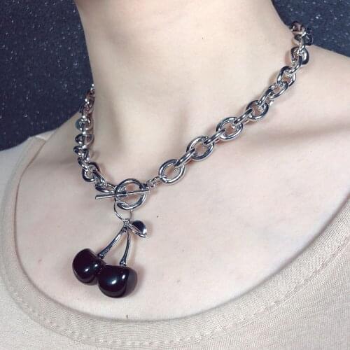 New Karajuku Fashion Cute Cherry Choker Necklaces Stainless Steel Chain Pendant for Women Men Punk Necklace Colorful Party Gifts