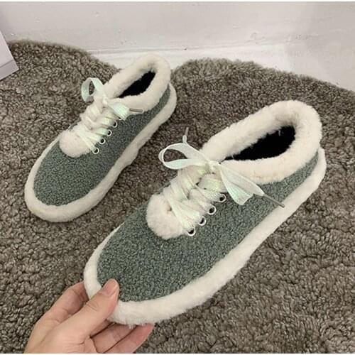 Muffins Riband lace up lambswool loafers women plush espadrilles creepers winter cotton ladies shoes comfy warm fluffy fur flats