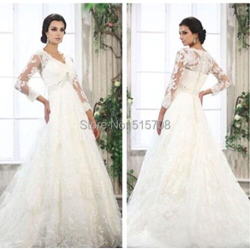 Vintage A Line Wedding Dresses Sexy V-Neck Long Sleeves Lace Bridal Gowns Court Train Wedding Dress Illusion Back