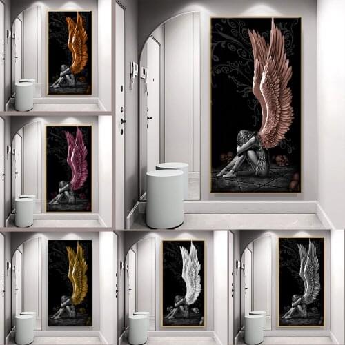 Angel and Demon Portrait Art Painting Color and Grey Character Wings Skull Wall Art Poster Prints for Modern Home Decoration