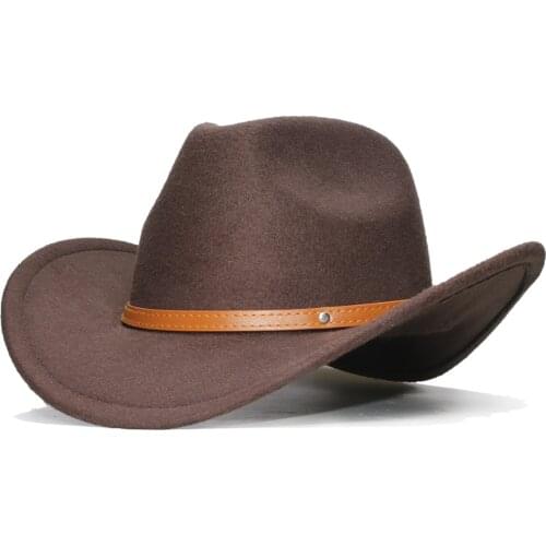 Retro Solid Khaki Leather Band Women Men /Kid Child Wool Felt Wide Brim Cowboy Western Hat Cowgirl Warm Cap (61cm/57cm/54cm)