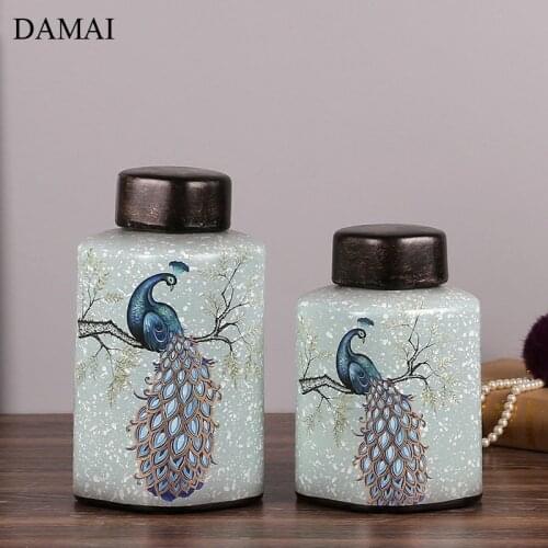 Vintage Ceramic Jars with Lid Painted Peacock Pattern Decorative Candy Storage Jar Living Room Desktop Organizer Home Decoration