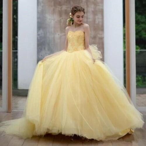 Princess Yellow Ball Gown Quinceanera Dresses Lace Applique Long Sweet 16 Dress Prom Party Birthday Gown For Girls