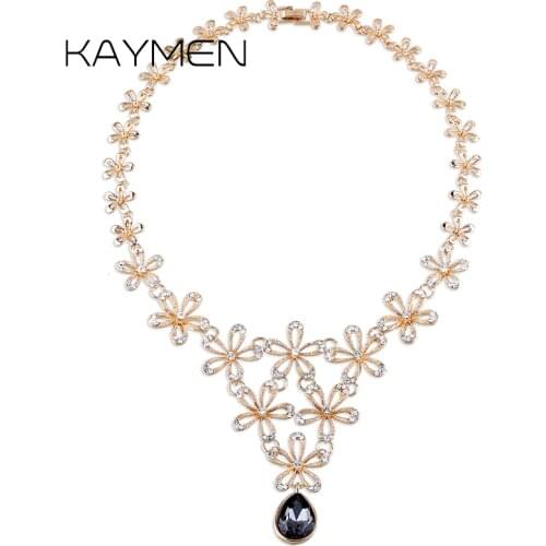 Womens Many Flowers Composed Chokers Necklace Golden and Black Gun Color Inlaid Rhinestones Gilrs Necklace Fashion Bijou Maxi