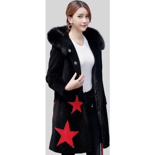 Women Winter Real Wool Fur Coat Long Sheep Shearing Jacket Natural Fox Fur Collar Hooded chaquetas invierno mujer YQ1571