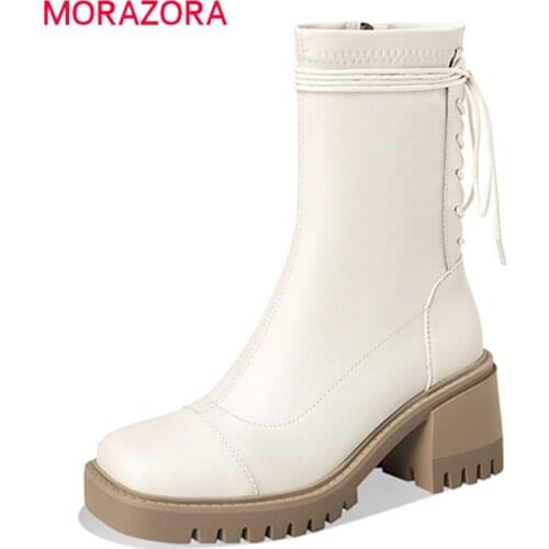 MORAZORA 2022 Black Big Size 41 High Heels Platform Shoes Women Ankle Boots Cross Tied Autumn Winter Fashion Boots Ladies Black