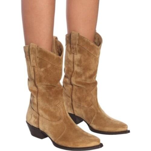 Moraima Snc Thick Heels Mid-calf Riding Boots for Woman High Quality Leather Boots Fashion Cowboy Shoes Black Brown