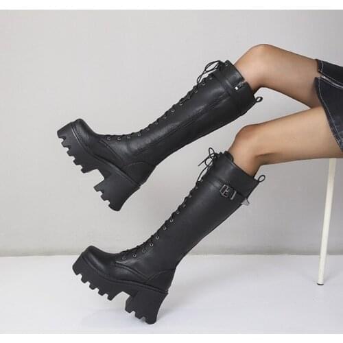Ochanmeb Punk Buckle Knee-high Boots Women Chunky Heels Goth Boots Shoes Woman Cross Tied Lace up Zipper Long Platform Boot 2022