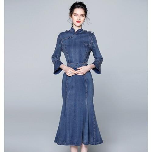Autumn Spring Vintage Elegant Bodycon Long Denim Dress Female Fall Blue Long Sleeve Maxi Ruffle Jeans Dress Female Denim Robe