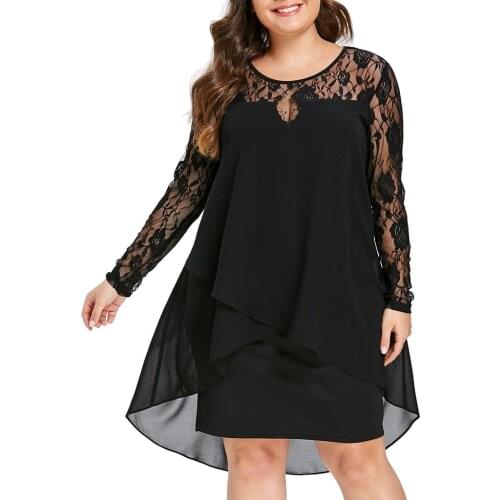 35&Dress Women Black 4XL 5XL Plus Size Dress Women Casual Plus Size Sheer Lace Sleeve High Low Hem O-Neck Swing Dresses sukienki