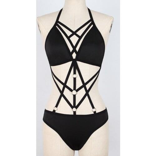 Women Sexy Teddies Black Backless Bodysuit Babydoll Bondage Nightwear Black Beachwear Lingerie Set S-XL Exotic Apparel