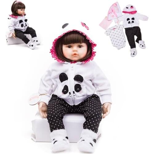 ZIYIUI 24 Inch Reborn Doll Vinyl Silicone Cotton Cloth Handmade Girl Wearing Cute Panda Clothes Toys For Children