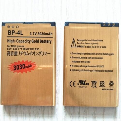 2PCS/LOT 3030mAh BP-4L Gold Replacement Battery For Nokia E61i E63 E90 E90i 6650F N97 N97i E95 E71 E72 E73 E75 E52 E55 battery