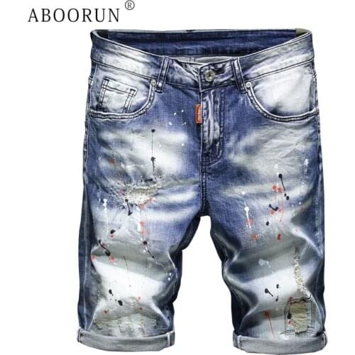 ABOORUN 2021 Mens Painted Ripped Denim Cargo Shorts Fashion Summer Cotton Jean Shorts for Male