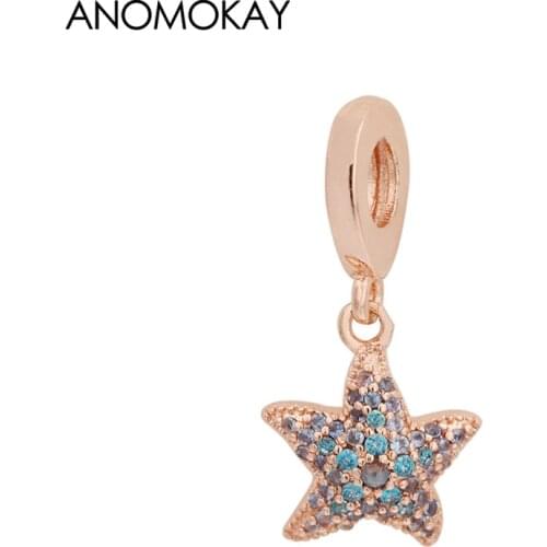 Anomokay Classic Blue Crystal Starfish Bead Pendant for DIY Bracelet Necklace Rose Gold Color Ocean Star Charm Pendant