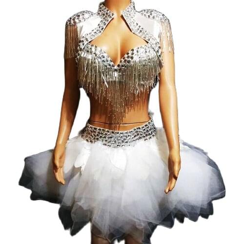 Sparkling Rhinestones Fringes Mesh Gauze Feathers Three-Piece Suit Festival Outfit Women Ladies Nightclub Performance Dance Wear