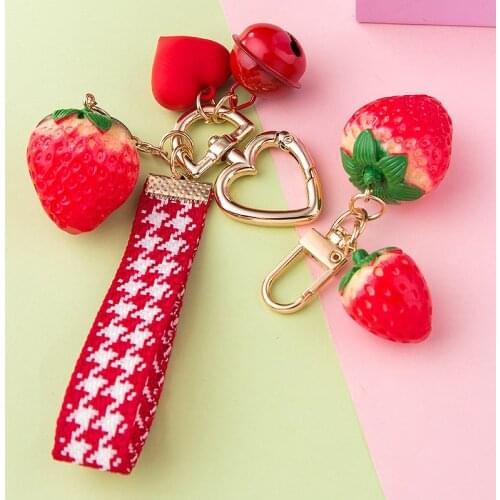 Strawberry Red Heart Keychain Keyring for Women Girl Jewelry Simulated Fruit Cute Car Best Friend Key Holder Couple Gift