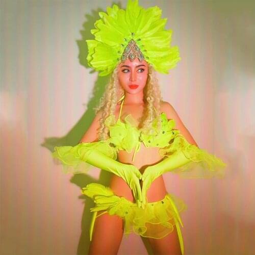 Fluorescent Green Feather Headdress Bikini Nightclub Lead Show Stage Costumes Women Singer Dj Gogo Festival Clothing VDB3385