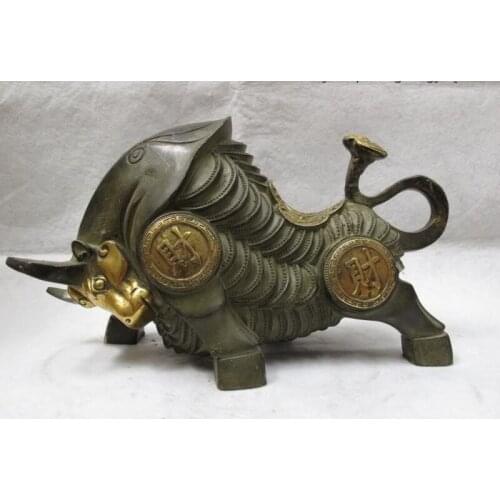 Chinese Folk classical old Bronze Gilt Money Coin wealth wrath Bull OX statuary