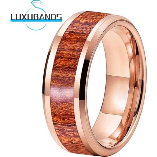 8MM Rose Gold Tungsten Carbide Rings For Men Women Beveled Edges Wood Inlay Polished Finished Comfort Fit