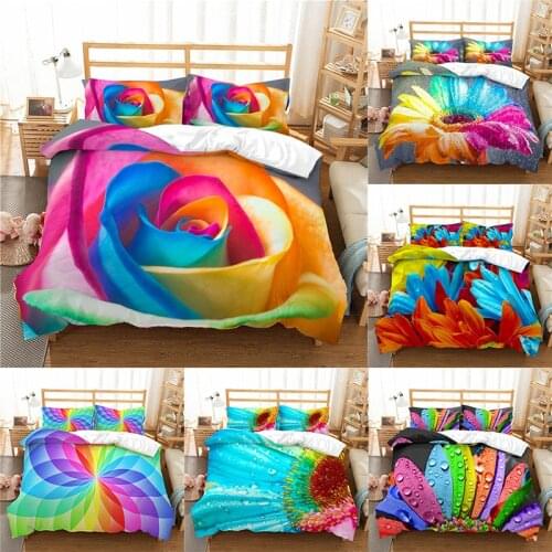 Luxury 3D Rainbow Colorful Rose Flower Print 2/3Pcs Comfortable Duvet Cover Pillowcase Bedding Sets Single Queen and King Size