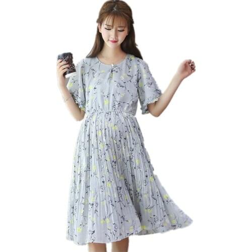 Summer pregnancy wear maternity floral dresses short sleeve print dress pregnant woman pleated skirt medium long