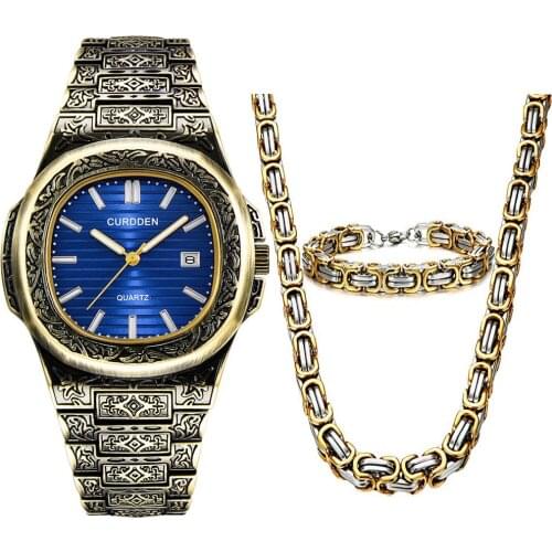 XSVO Mens Fashion Luxury Business Calendar Steel Band Quartz Watch + Hip Hop Bracelet + Necklace Waterproof Male Wristwatches