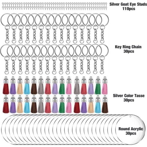 200pcs Acrylic Keychain Blanks Kit Including 30pcs Key Ring Chain 30pcs Color Tassel 30pcs Round Acrylic 110pcs Goat Eye Studs