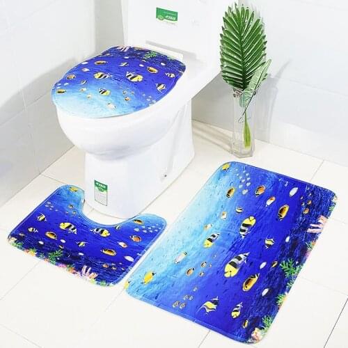 Ocean World Bathroom Non-Slip Mat Toilet Three-Piece 3D Durable Cover Shower Room Carpet Bathroom Non-Slip Mat Set