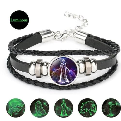 NIUYITID Luminous 12 Constellation Bracelet For Women Men Braided Leather Rope Braclet Horoscope Adjustable Jewelry Dropshipping