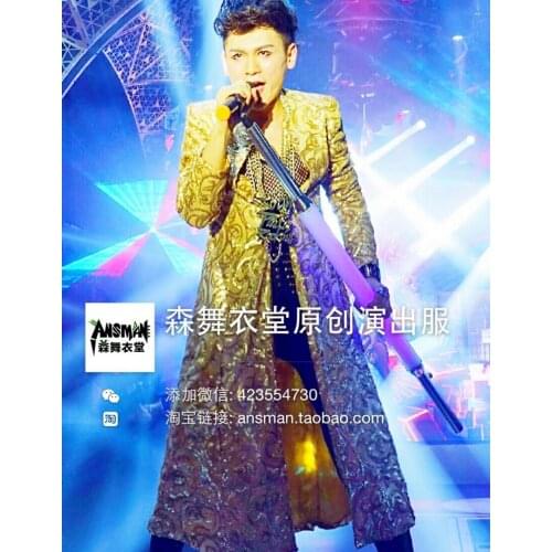 Hot Men Fashion New Gd Champagne Gold Embroidery Long Suit Jacket Performance Coat Male Singer Costumes Clothing Men Trench Coat