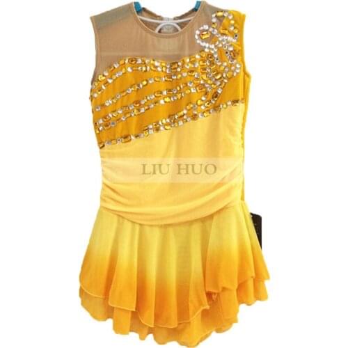 LIUHUO Figure Skating Dress Womens Girls' Ice Performance Rhythmic gymnastics Competition Sleeveless Yellow Tights Kids Leotard