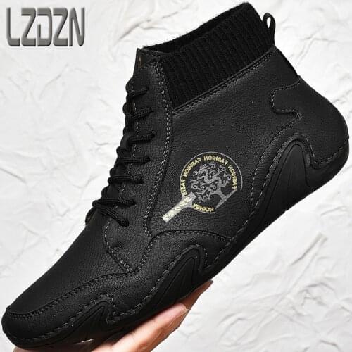 Casual Leather Shoes Peas Mens Soft-Soled Winter Travel High-Top High-Waist Mens Winter Boots Cotton Plus Velvet To Keep Warm