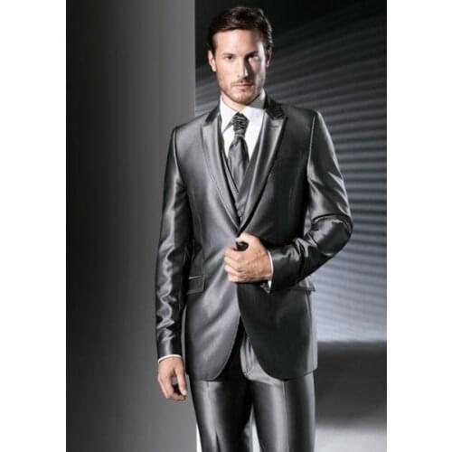 New Arrival Groom Tuxedo Shiny Gray Groomsmen Peak Lapel Wedding/Dinner Suits Best Man Bridegroom (Jacket+Pants+Tie+Vest) B522