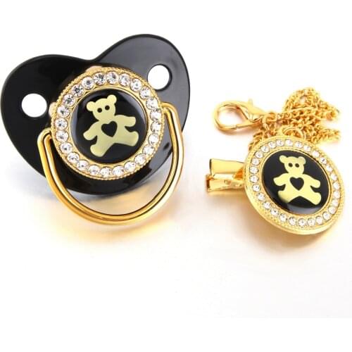 0-18 Months Gold Bear Bling Pacifier and Clip BPA Free Dummy Unique Design Orthodontic Nipple Sleeping Soother