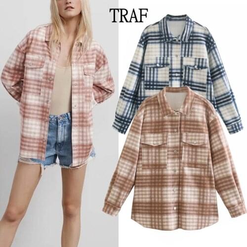 TRAF Za Women Plaid Shirt 2021 Autumn Keep Warm Blouses And Top Long Sleeve Oversize Shirt Loose Female Jacket Pocket Chic Tops