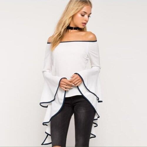 Sexy Off Shoulder Slash Neck Slim Tops Blusas Women Flouncing Flared Sleeve Tops Shirts Blouse