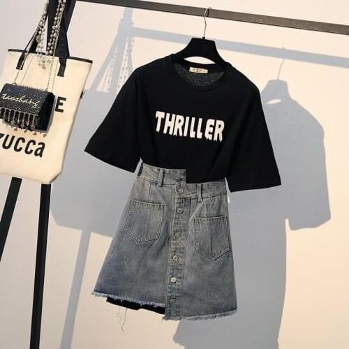 High waist denim skirt short skirt womens two piece set 2021 summer new Korean cotton short sleeve T-shirt student suit