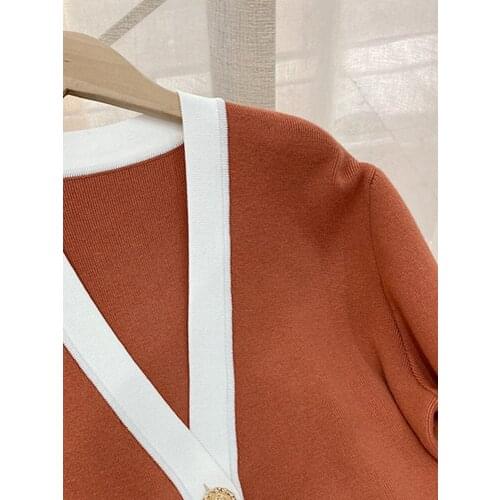 2021 Spring and Summer New Color Contrast V-neck Loose Long-sleeved Knitted Cardigan Women Sweater