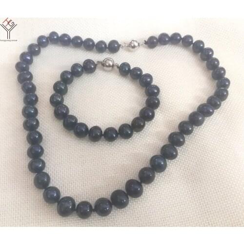 Women Jewelry 100% real pearl necklace bracelet set 11mm Natural pearl AAA black colors highlight pearl gift