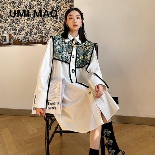 UMI MAO Jacquard Shawl White Shirt Dress Two-piece Female Spring Summer Square Collar Long-sleeved Buttoned Dress 2021 Y2K