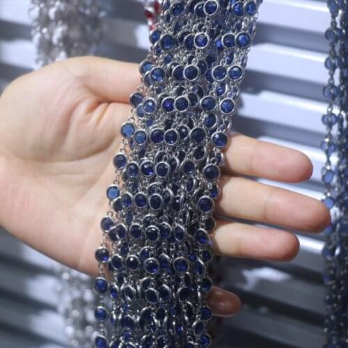 1M Copper Wholesale Gem stone Chain Faceted Clear Blue Crystal Quartz Wrapped Plated Brass Links Flat Round Beads Findings