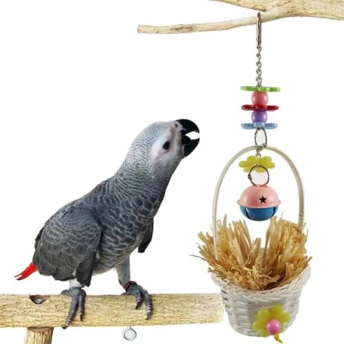 1 Pcs Bird Parrot Chewing Toys Creative Basket Shaped Parrot Cage Hanging Toy With Straw Interactive Parakeet Macaw Accessories