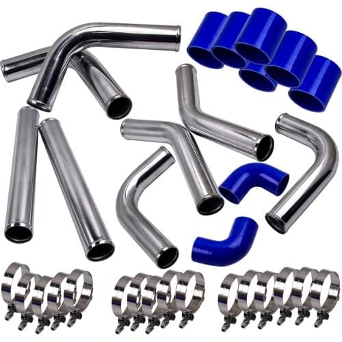 2.5" UNIVERSAL TURBO INTERCOOLER PIPING KIT W/PIPE with BLUE HOSES COUPLER BLUE + T-BOLT CLAMPS Universal